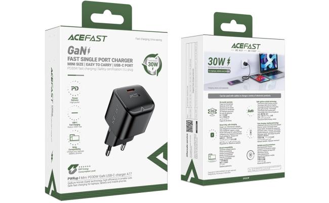 ACEFAST A77 Mini PD 30W GaN Wall Charger Type-C Port Phone Fast Charging Adapter, EU Plug - Black
